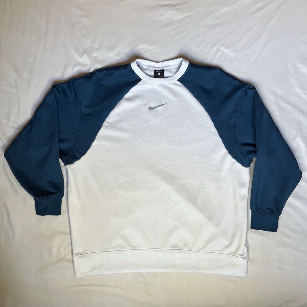 Nike Sweater Womens XL White Blue Raglan Dri-FIT Center Swoosh Sweatshirt
